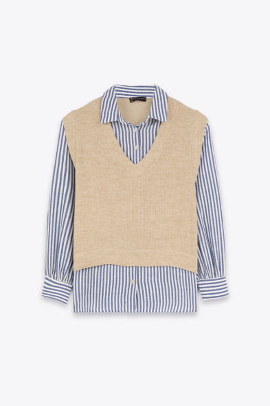 Chemise à Rayures avec Pull Sans Manches Beige en Superposition